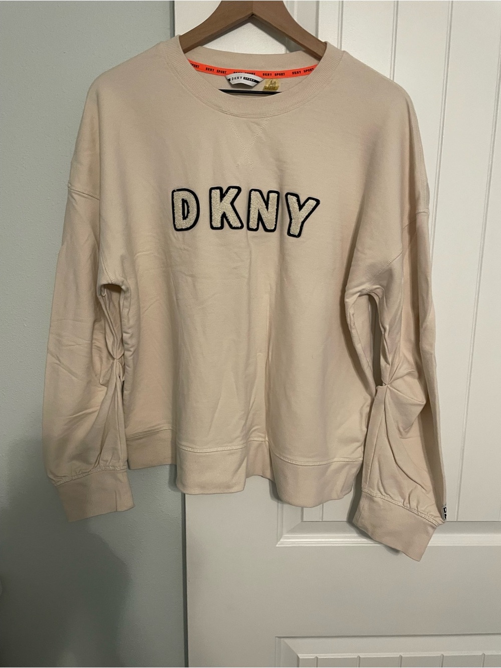 DKNY Cream Sweatshirt with Embroidered Patch Lettering Logo